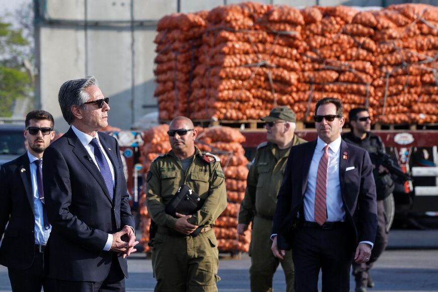 US Secretary of State Antony Blinken at the Kerem Shalom border crossing with the Gaza Strip in southern Israel on May 1, 2024