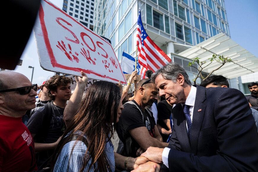 US Secretary of State Antony Blinken meets with families of hostages taken by Palestinian militants during the October 7 attacks, as they gather outside a hotel in Tel Aviv on May 1, 2024