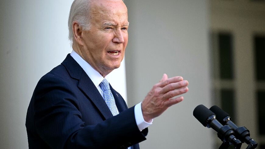 US President Joe Biden speaks at a celebration for Jewish American Heritage Month at the Rose Garden of the White House in Washington, DC on May 20, 2024