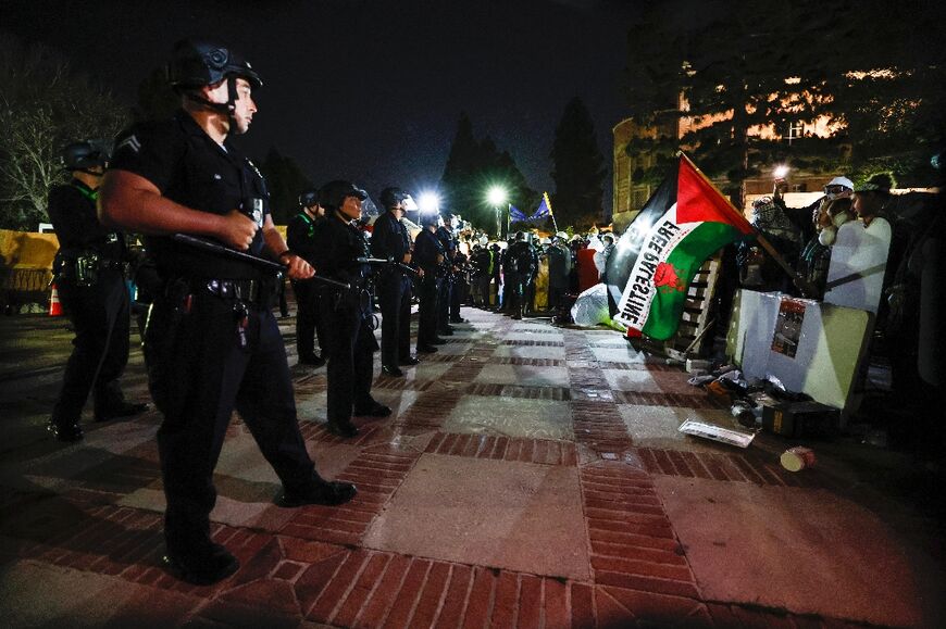 Demonstrations on college campuses by pro-Palestinian students, some seen here in a standoff with police at the University of California, Los Angeles, may have an impact on the 2024 US presidential race