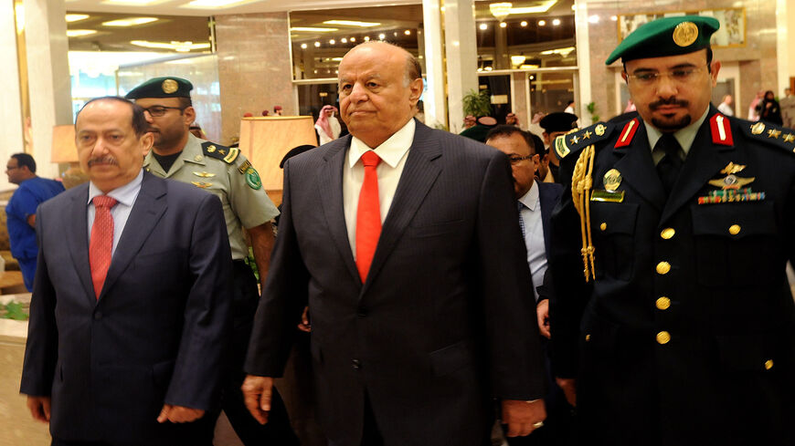 Yemen's exiled President Abed Rabbo Mansour Hadi (C) arrives for the opening of the "Riyadh Conference for Saving Yemen and Building Federal State," Riyadh, Saudi Arabia, May 17, 2015.