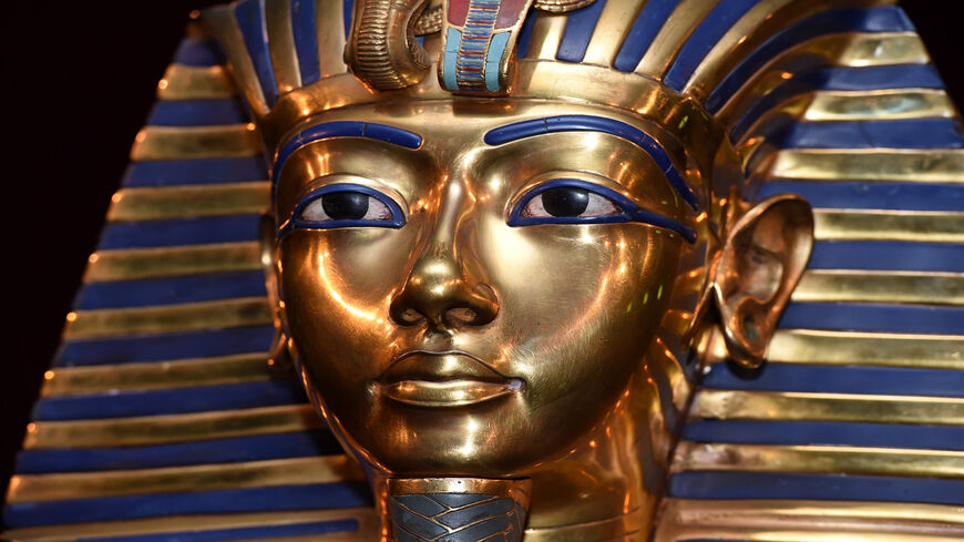 The burial mask of Egyptian Pharaoh Tutankhamun is shown during the 'Tutanchamun - Sein Grab und die Schaetze' Exhibition Preview at Kleine Olympiahalle, Munich, Germany, April 2, 2015 .