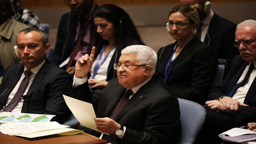 Palestinian President Mahmoud Abbas speaks at the United Nations Security Council, New York, Feb. 11, 2020.