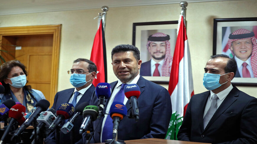 (L to R) Jordan's Minister of Energy and Mineral Resources Hala Zawati, Egypt's Minister of Petroleum and Mineral Resources Tarek el-Molla, Lebanon's Energy Minister Raymond Ghajar and Syria's Minister of Oil and Mineral Resources Bassam Tohme give a joint press conference during their meeting, Amman, Jordan, Sept. 8, 2021.