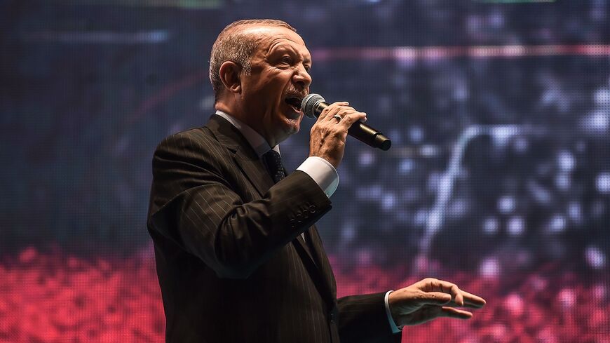 Turkey's President Recep Tayyip Erdogan delivers a speech.