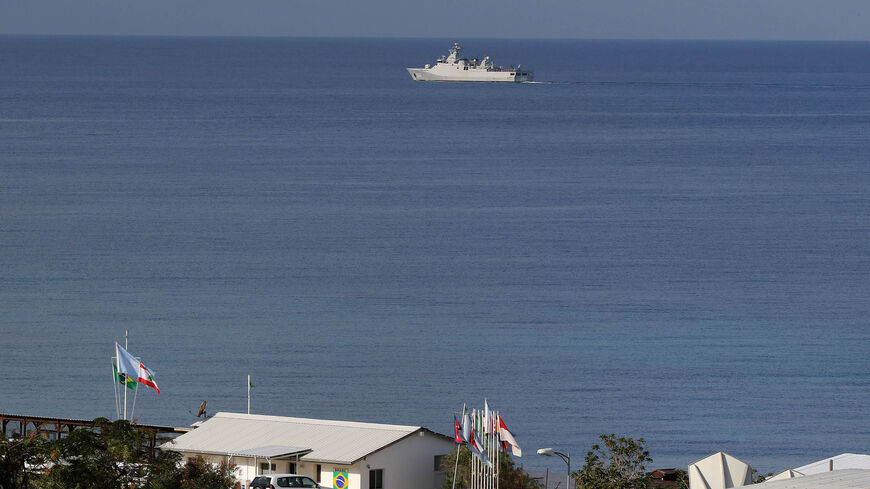 A military vessel of the United Nations peacekeeping force in Lebanon (UNIFIL) is pictured off the coast of the southern Lebanese town of Naqura, on the border with Israel, where delegations from the two countries were meeting, Nov. 11, 2020.