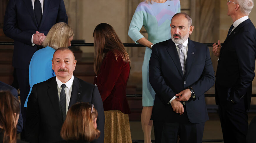 Leaders of nations of the European Political Community (EPC), including Azerbaijan President Ilham Aliyev (L) and Armenian Prime Minister Nikol Pashinyan (R).