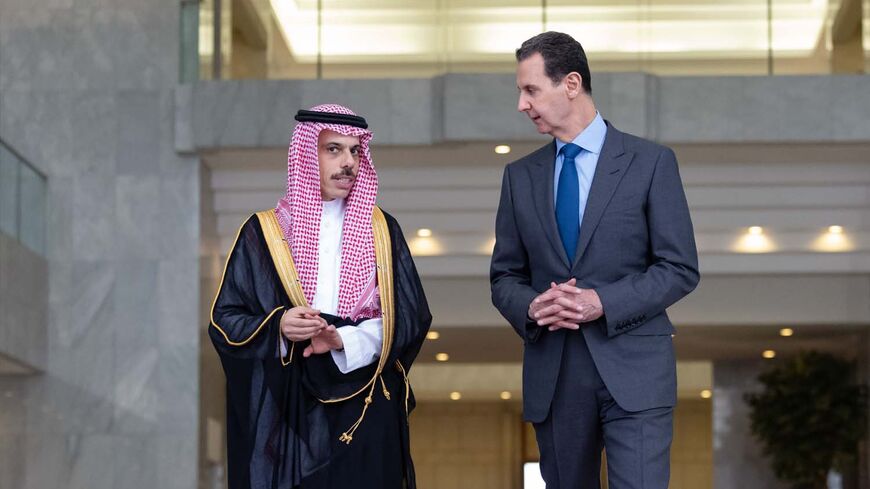 Saudi Foreign Minister Prince Faisal bin Farhan meets Syrian President Bashar Al Assad in Damascus on April 18, 2023.