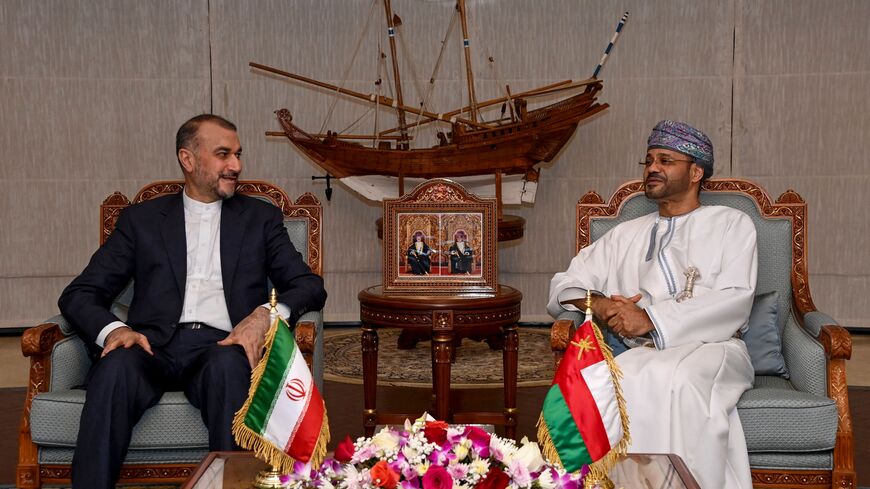 Oman's Foreign Minister Sayyid Badr bin Hamad bin Hamood Albusaidi (R) meets with his Iranian counterpart Hossein Amir-Abdollahian in Muscat, on April, 25, 2023. (Photo by AFP) (Photo by -/AFP via Getty Images)