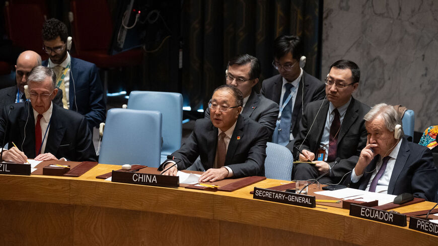 Chinese ambassador to the United Nations Zhang Jun speaks during a United Nations Security Council meeting on Gaza, at UN headquarters in New York City on December 8, 2023. 