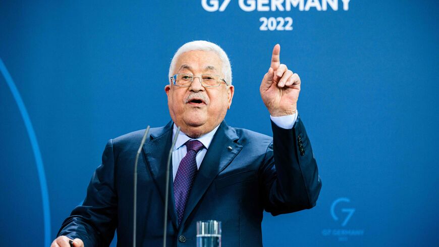 Palestinian president Mahmud Abbas gesticulates during a joint press conference with the German Chancellor at the Chancellery in Berlin, Germany, on August 16, 2022. (Photo by JENS SCHLUETER / AFP) (Photo by JENS SCHLUETER/AFP via Getty Images)