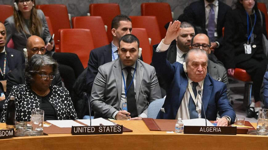 US Ambassador to the UN Linda Thomas-Greenfield listens as Algerian Ambassador to the UN Amar Bendjama speaks.