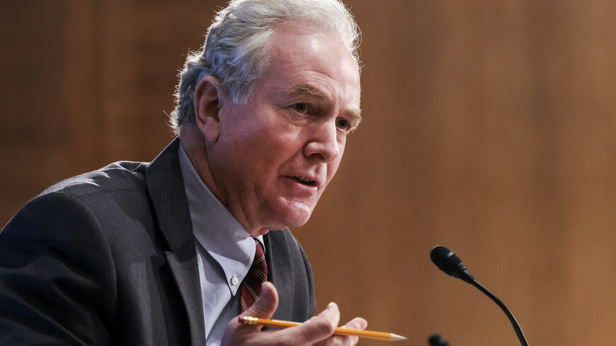 US Sen. Chris Van Hollen (D-MD) questions Treasury Undersecretary For Domestic Finance Nellie Liang as she testifies before the Senate Banking Committee Feb. 15, 2022 in Washington, DC. 