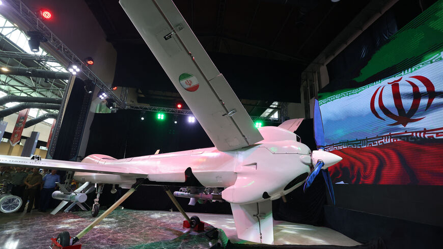 A picture shows the new Iranian drone "Mohajer 10" during Iran's defence industry achievements exhibition in Tehran on August 23, 2023. Iran unveiled on August 22 its latest domestically built drone that can fly at a higher altitude and for a longer duration with enhanced weapons capabilities, state media reported. (Photo by ATTA KENARE / AFP) (Photo by ATTA KENARE/AFP via Getty Images)