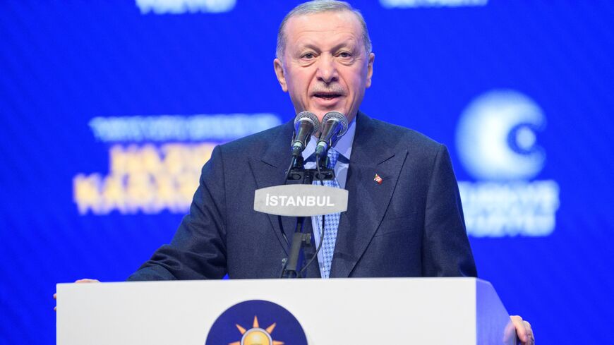 Turkish President Tayyip Erdogan speaks as he announces Murat Kurum as his ruling Justice and Development Party (AK Party) candidate in Istanbul's upcoming mayoral election in March, in Istanbul on Jan. 7, 2024. 