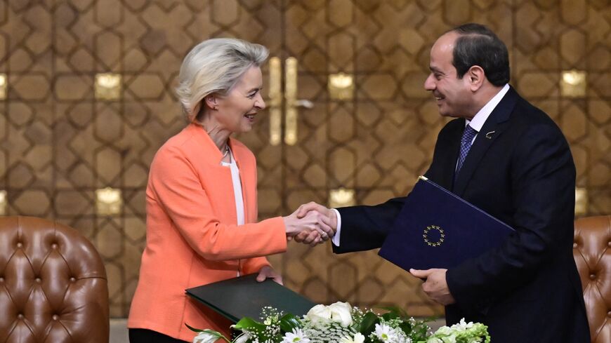 European Commission president Ursula Von der Leyen and Egypt president Abdel Fattah el-Sisi pictured during a diplomatic meeting on Sunday 17 March 2024 in Cairo, Egypt. The Belgian Prime Minister is on a 3-day visit to Jordan, Qatar and Egypt. BELGA PHOTO DIRK WAEM (Photo by DIRK WAEM / BELGA MAG / Belga via AFP) (Photo by DIRK WAEM/BELGA MAG/AFP via Getty Images)