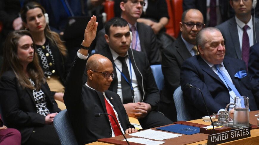 US Deputy Ambassador to the UN Robert Wood votes against a resolution allowing Palestinian UN membership at United Nations headquarters in New York, on April 18, 2024, during a United Nations Security Council meeting 