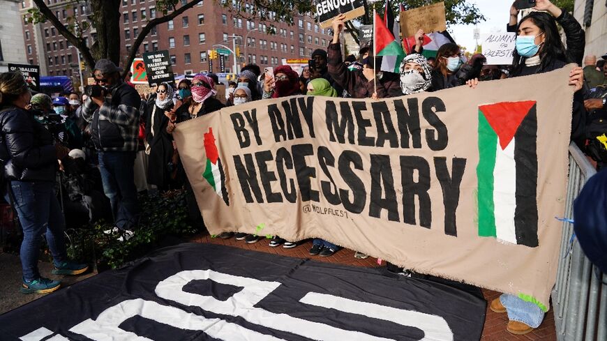 Demonstrators rally at an "All out for Gaza" protest at Columbia University in New York in November