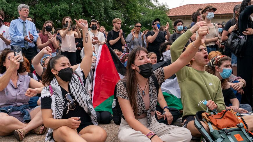 Demonstrators against the war in Gaza rally in support of Palestinians on the campus of the University of Texas in Austin, Texas, on April 25, 2024.