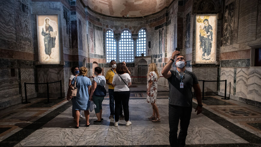 Tourists visit the Chora (Kariye) Church Museum, the 11th century church of St. Savior on August 21, 2020 in Istanbul, Turkey. 