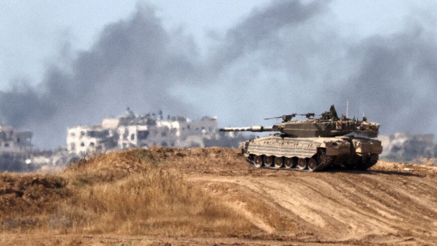 An Israeli army battle tank in southern Israel near the border with the Gaza Strip on May 13, 2024