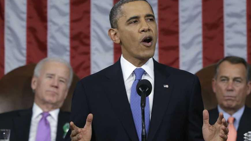 U.S. President Barack Obama (C), flanked by Vice President Joe Biden (L) and House Speaker John Boehner (R-OH), delivers his State of the Union speech on Capitol Hill in Washington, February 12, 2013. REUTERS/Charles Dharapak/Pool (UNITED STATES - Tags: POLITICS)   - RTR3DPRC