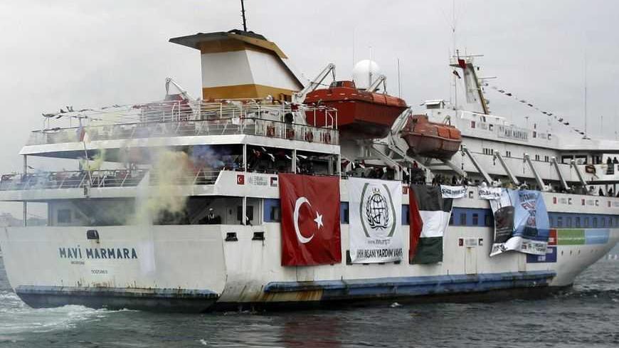 Turkish ship Mavi Marmara, carrying pro-Palestinian activists to take part of a humanitarian convoy, leaves from Sarayburnu port in Istanbul May 22, 2010. Picture taken May 22, 2010. Israeli commandos stormed Gaza-bound aid ships on Monday and at least 10 pro-Palestinian activists on board were killed, unleashing a diplomatic crisis and charges of a "massacre" from the Palestinian president. REUTERS/Emrah Dalkaya (TURKEY - Tags: POLITICS CIVIL UNREST) - RTR2EL3O