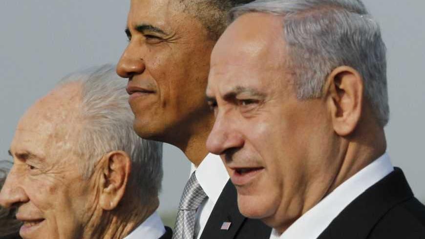 U.S. President Barack Obama (2nd L) participates in a farewell ceremony with Israeli Prime Minister Benjamin Netanyahu (2nd R) and President Shimon Peres (L) at Tel Aviv International Airport, March 22, 2013.   REUTERS/Jason Reed   (ISRAEL - Tags: POLITICS) - RTR3FBUJ