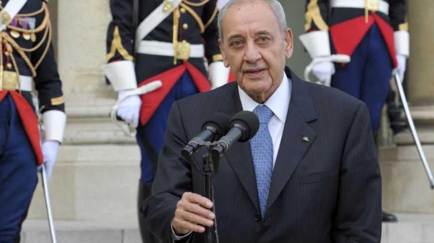 Lebanon's House Speaker Nabih Berri speaks to journalists after a meeting with France's President Nicolas Sarkozy at the Elysee Palace in Paris October 28, 2010.    REUTERS/Philippe Wojazer  (FRANCE - Tags: POLITICS) - RTXTX78
