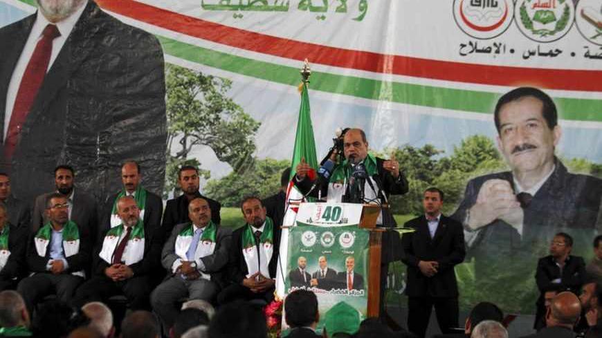Aboudjera Soltani, the leader of the Islamist party Movement for a Society of Peace (MSP) which is part of the , Algerie Verte (Green Algeria) alliance, gives a speech during his final parliamentary election campaign rally in Setif, about 300 km (186 miles) east of Algiers, May 5, 2012. Algerie Verte is an alliance of three Islamist parties, the Islamist party Movement for a Society of Peace (MSP), El-Islah and Ennahda movements. Algeria votes in a parliamentary election on May 10 that will test the governm