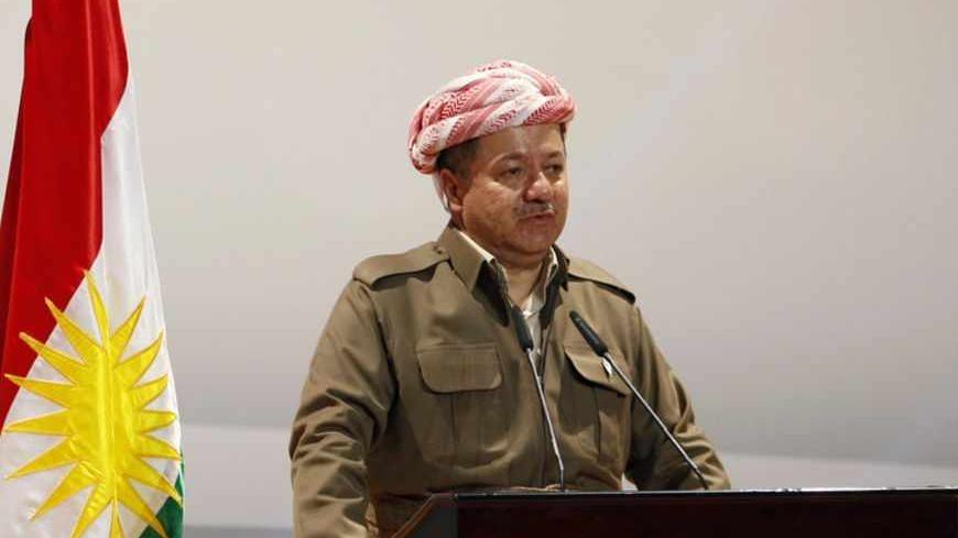 Masoud Barzani, president of Iraq's autonomous Kurdistan region, addresses the opening of a conference on "Recognizing Kurdish Genocide" in Arbil, about 350 km (217 miles) north of Baghdad, March 14, 2013. REUTERS/Thaier al-Sudani (IRAQ - Tags: CIVIL UNREST POLITICS) - RTR3EZ36