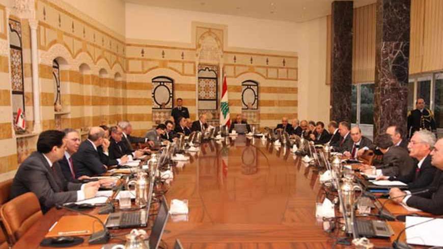 Lebanon's President Michel Suleiman (C) presides a cabinet meeting at the presidential palace in Baabda, near Beirut January 3, 2013. Lebanon, now a haven for 170,000 Syrians fleeing civil war, has asked foreign donors for $180 million to help care for them and said it will register and recognise refugees after a year-long hiatus. The Beirut government has officially sought to "dissociate" itself from the 21-month-old struggle in Syria, nervous about the destabilising impact of the increasingly sectarian co