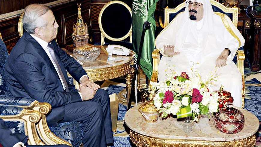 Saudi Arabia's King Abdullah (R) meets Lebanon's President Michel Suleiman in Riyadh in this June 1, 2012 handout picture released by the Saudi Press Agency. REUTERS/Saudi Press Agency/Handout (SAUDI ARABIA - Tags: POLITICS ROYALS) FOR EDITORIAL USE ONLY. NOT FOR SALE FOR MARKETING OR ADVERTISING CAMPAIGNS. THIS IMAGE HAS BEEN SUPPLIED BY A THIRD PARTY. IT IS DISTRIBUTED, EXACTLY AS RECEIVED BY REUTERS, AS A SERVICE TO CLIENTS - RTR32YK4