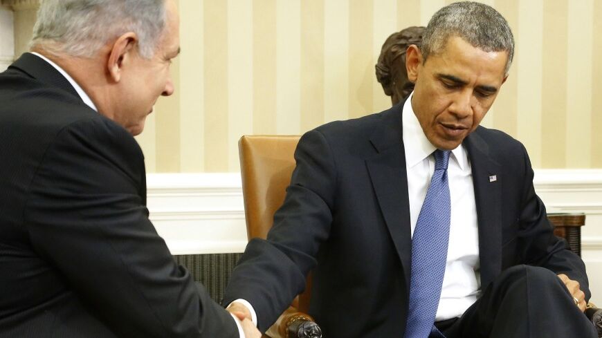 U.S. President Barack Obama (R) shakes hands with Israel's Prime Minister Benjamin Netanyahu as they sit down to meet in the Oval Office of the White House in Washington March 3, 2014.   REUTERS/Jonathan Ernst    (UNITED STATES - Tags: POLITICS) - RTR3G01E