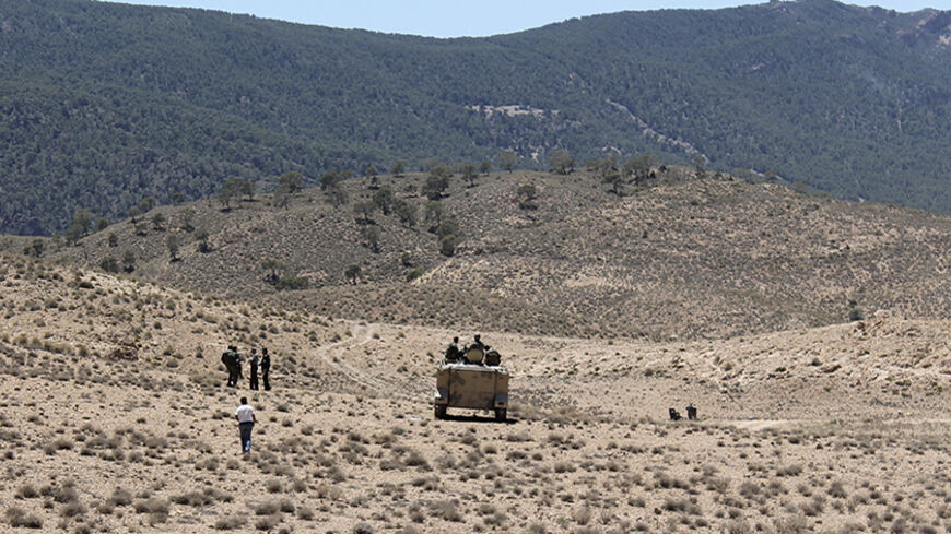 Tunisian soldiers patrol near the border with Algeria as seen from the area of Mount Chambi, west Tunisia  June 11, 2013. A mine exploded this morning injuring one local shepherd near Mount Chaambi in Kasserine governorate near a closed military area, according to local media reports.  REUTERS/Stringer (TUNISIA - Tags: MILITARY) - RTX10K2F