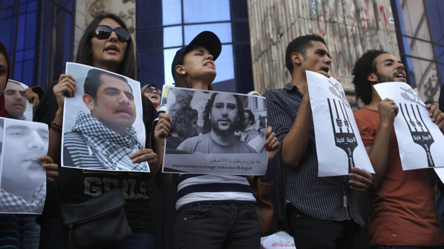 Protesters hold pictures during a protest in support of imprisoned activists who are in a hunger strike at prison, in front of the Press Syndicate, in Cairo August 25, 2014. REUTERS/Asmaa Waguih (EGYPT - Tags: POLITICS CIVIL UNREST MEDIA) - RTR43OKY