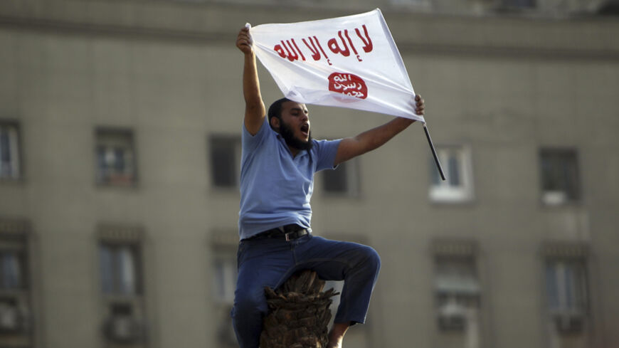A supporter of Muslim Brotherhood's presidential candidate Mohamed Morsy celebrate his victory in the election with Salafi flag at Tahrir Square in Cairo June 24, 2012. Islamist Morsy was declared Egypt's first freely elected president on Sunday, sparking joy among his Muslim Brotherhood supporters on the streets who vowed to continue a struggle to take power from the generals who retain ultimate control. REUTERS/Amr Abdallah Dalsh  (EGYPT - Tags: POLITICS ELECTIONS) - RTR343KP