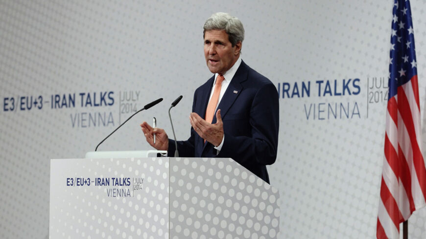 U.S. Secretary of State John Kerry addresses the media during a news conference in Vienna July 15, 2014. Kerry on Tuesday dismissed the idea that Iran could maintain its current number of nuclear enrichment centrifuges as part of a long-term deal with six world powers that would lead to a gradual end of sanctions.    REUTERS/Heinz-Peter Bader (AUSTRIA - Tags: POLITICS ENERGY) - RTR3YQCC