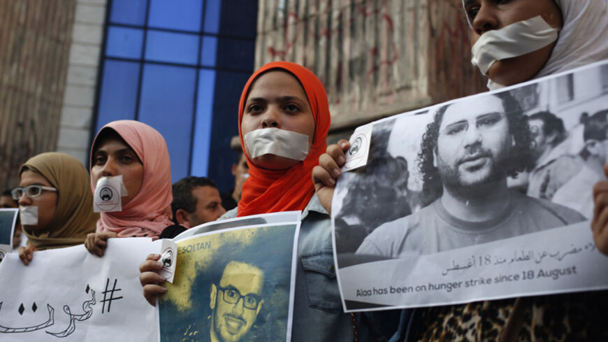 Protesters hold pictures during a protest in support of imprisoned activists who are in a hunger strike at prison, in front of the Press Syndicate, in Cairo August 25, 2014. REUTERS/Asmaa Waguih (EGYPT - Tags: POLITICS CIVIL UNREST MEDIA) - RTR43OK4