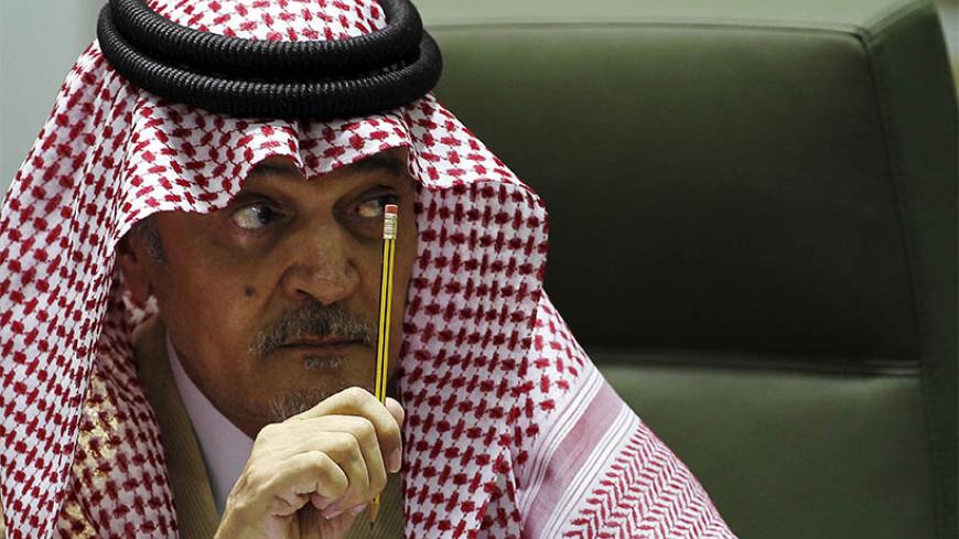 Saudi Foreign Minister Prince Saud Al-Faisal gestures during a joint news conference with his Egyptian counterpart Mohamed Kamel Amr (not pictured) in Riyadh January 5, 2013.  REUTERS/Stringer (SAUDI ARABIA - Tags: POLITICS) - RTR3C4DR
