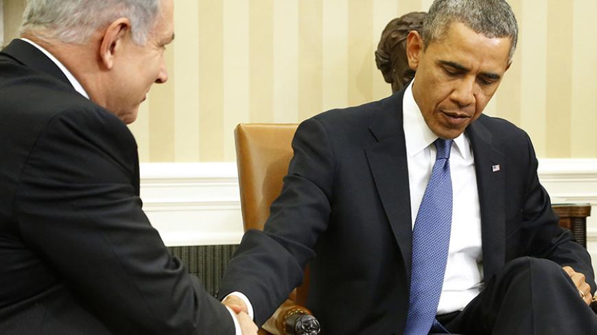 U.S. President Barack Obama (R) shakes hands with Israel's Prime Minister Benjamin Netanyahu as they sit down to meet in the Oval Office of the White House in Washington March 3, 2014.   REUTERS/Jonathan Ernst    (UNITED STATES - Tags: POLITICS) - RTR3G01E