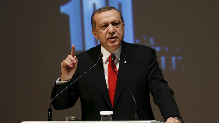 Turkey's President Tayyip Erdogan makes a speech during a Peace Summit ahead of the 100th anniversary of the Battle of Gallipoli, in Istanbul April 23, 2015. Thousands of Australians, New Zealanders and Turks gathered on Turkey's Gallipoli peninsula on Thursday ahead of the 100th anniversary of one of the bloodiest battles of World War One. A century ago, thousands of soldiers from the Australian and New Zealand Army Corps (ANZAC) struggled ashore on a narrow beach at Gallipoli at the start of an ill-fated 