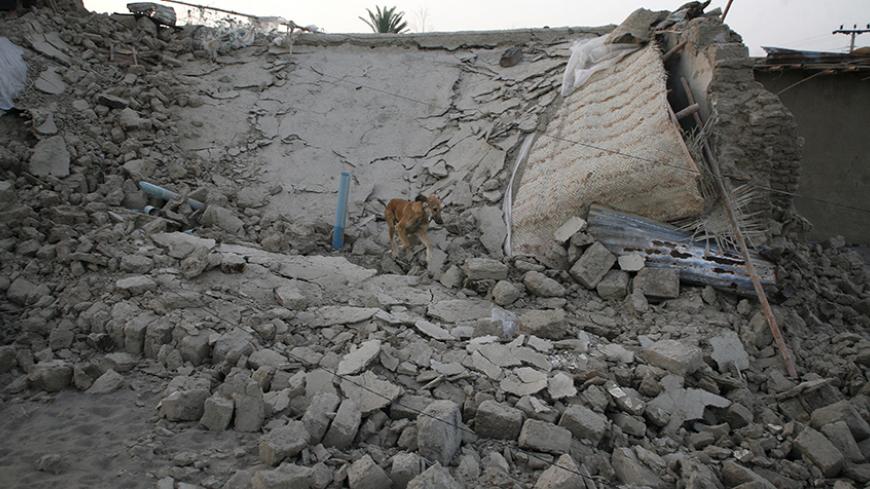 A dog is pictured on rubble of a mud house after it collapsed following the earthquake in the town of Mashkeel, southwestern Pakistani province of Baluchistan, near the Iranian border April 18, 2013. The powerful earthquake struck a border area of southeast Iran on Tuesday killing at least 35 people in neighbouring Pakistan, destroying hundreds of houses and shaking buildings as far away as India and Gulf Arab states. REUTERS/Naseer Ahmed  (PAKISTAN - Tags: DISASTER) - RTXYQQ1