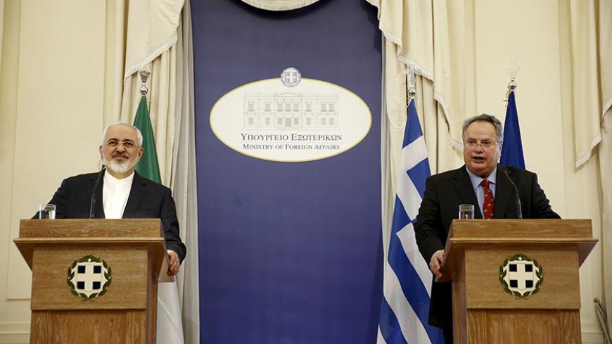 Iranian Foreign Minister Mohammad Javad Zarif (L) and his Greek counterpart Nikos Kotzias attend a joint news conference in Athens May 28, 2015. Zarif said on Thursday he hoped Tehran and world powers would reach a final nuclear deal "within a reasonable period of time" but this would be hard if the other side stuck to what he called excessive demands. REUTERS/Alkis Konstantinidis - RTX1EXFK