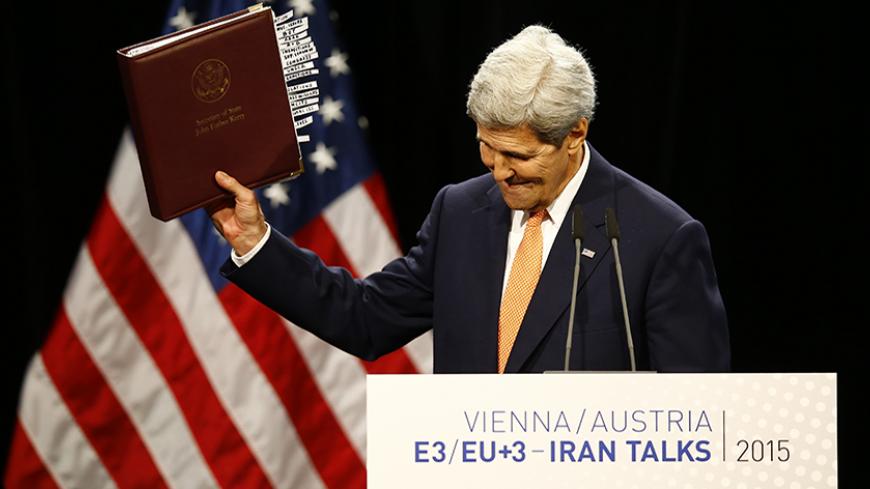 U.S. Secretary of State John Kerry reacts as he delivers a statement on the Iran talks deal at the Vienna International Center in Vienna, Austria July 14, 2015. Iran and six major world powers reached a nuclear deal on Tuesday, capping more than a decade of on-off negotiations with an agreement that could potentially transform the Middle East, and which Israel called an "historic surrender". REUTERS/Leonhard Foeger - RTX1KA1V