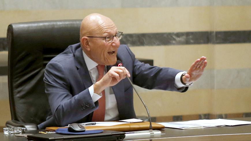 Lebanon's Prime Minister Tammam Salam gestures as he argues during a cabinet meeting in the Grand Saray in Beirut, Lebanon July 9, 2015.  Hundreds of supporters of a Lebanese Christian politician protested in Beirut on Thursday against the Sunni prime minister they claim is marginalizing Christian influence, stirring tensions in a country in crisis over war in neighboring Syria. Michel Aoun accuses Prime Minister Salam of taking decisions without cross-party consensus and usurping powers reserved for the pr