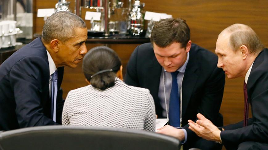 U.S. President Barack Obama (L) talks with Russian President Vladimir Putin (R) and U.S. security advisor Susan Rice (2nd L) prior to the opening session of the Group of 20 (G20) Leaders summit summit in the Mediterranean resort city of Antalya, Turkey November 15, 2015. Man at 2nd R is unidentified.  REUTERS/Cem Oksuz/Pool   - RTS76RI