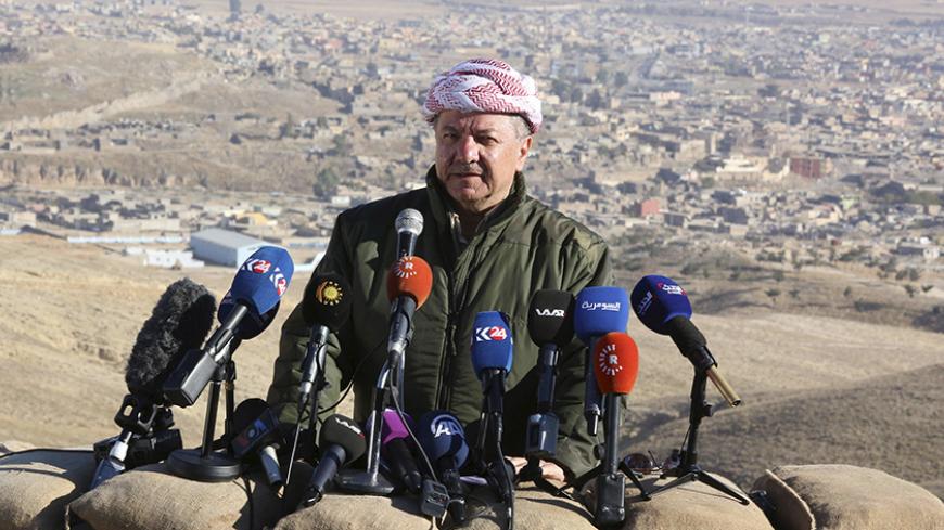 Iraqi Kurdish Regional President Massoud Barzani speaks during a news conference in the town of Sinjar, Iraq November 13, 2015.  REUTERS/Ari Jalal FOR EDITORIAL USE ONLY. NO RESALES. NO ARCHIVE. - RTS6UOG