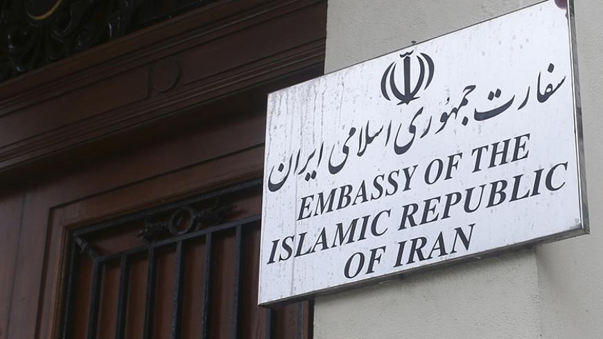A plaque is displayed outside the Iranian embassy in central London, Britain August 20, 2015. Britain will reopen its embassy in Iran this weekend nearly four years after protesters ransacked the elegant ambassadorial residence and burned the British flag. The move to restore full diplomatic relations marks a thawing of ties with Iran since it reached a nuclear deal with the United States, China, Russia, Germany, France and Britain.  REUTERS/Paul Hackett  - RTX1OYJ1