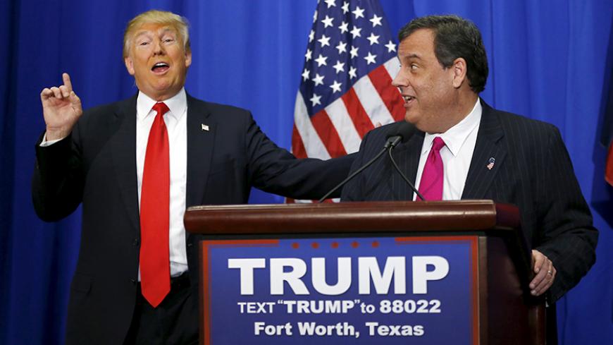 U.S. Republican presidential candidate Donald Trump (L) speaks next to New Jersey Governor Chris Christie (R) at a campaign rally where Christie endorsed Trump's candidacy for president, in Fort Worth, Texas February 26, 2016.  REUTERS/Mike Stone        TPX IMAGES OF THE DAY      - RTX28RLN